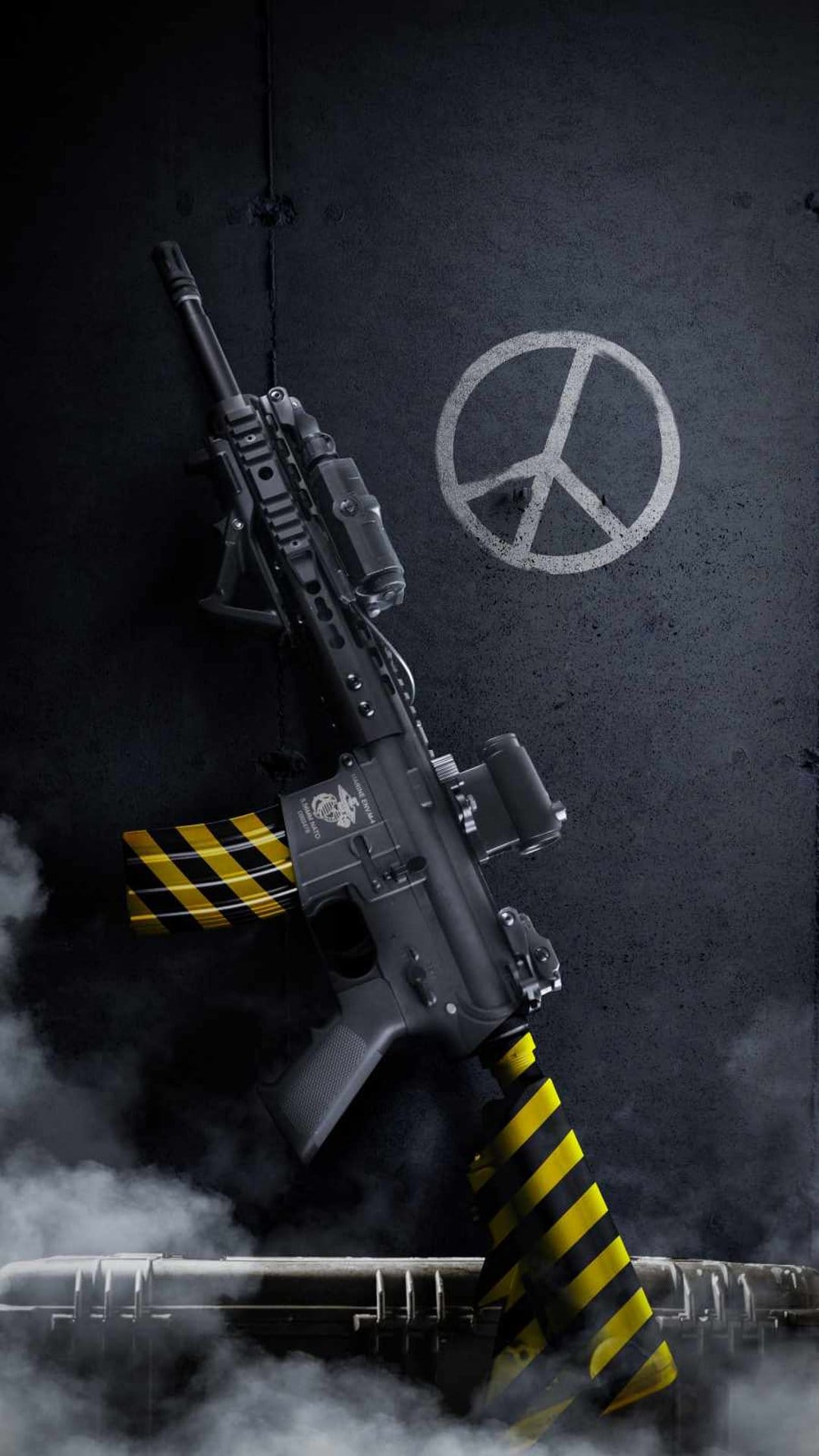 Assault rifle with a white peace symbol and hazard-striped magazine leans against a dark textured wall.