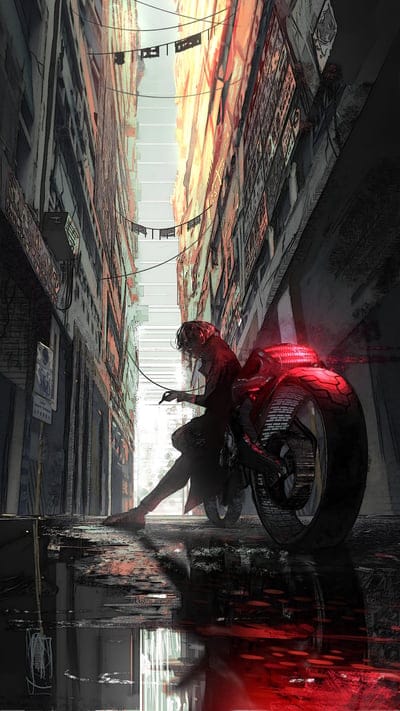 motorcycle,character,mask,street,puddle,graphics