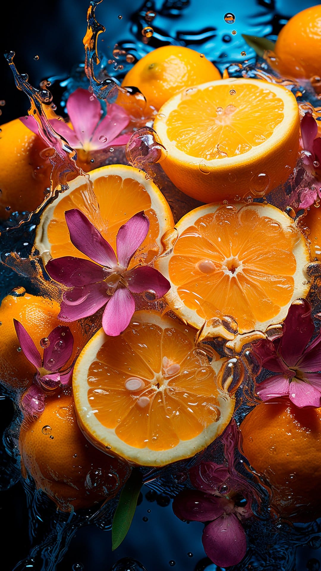 Sliced oranges and pink flowers splash in turbulent clear water against a dark blue studio background.