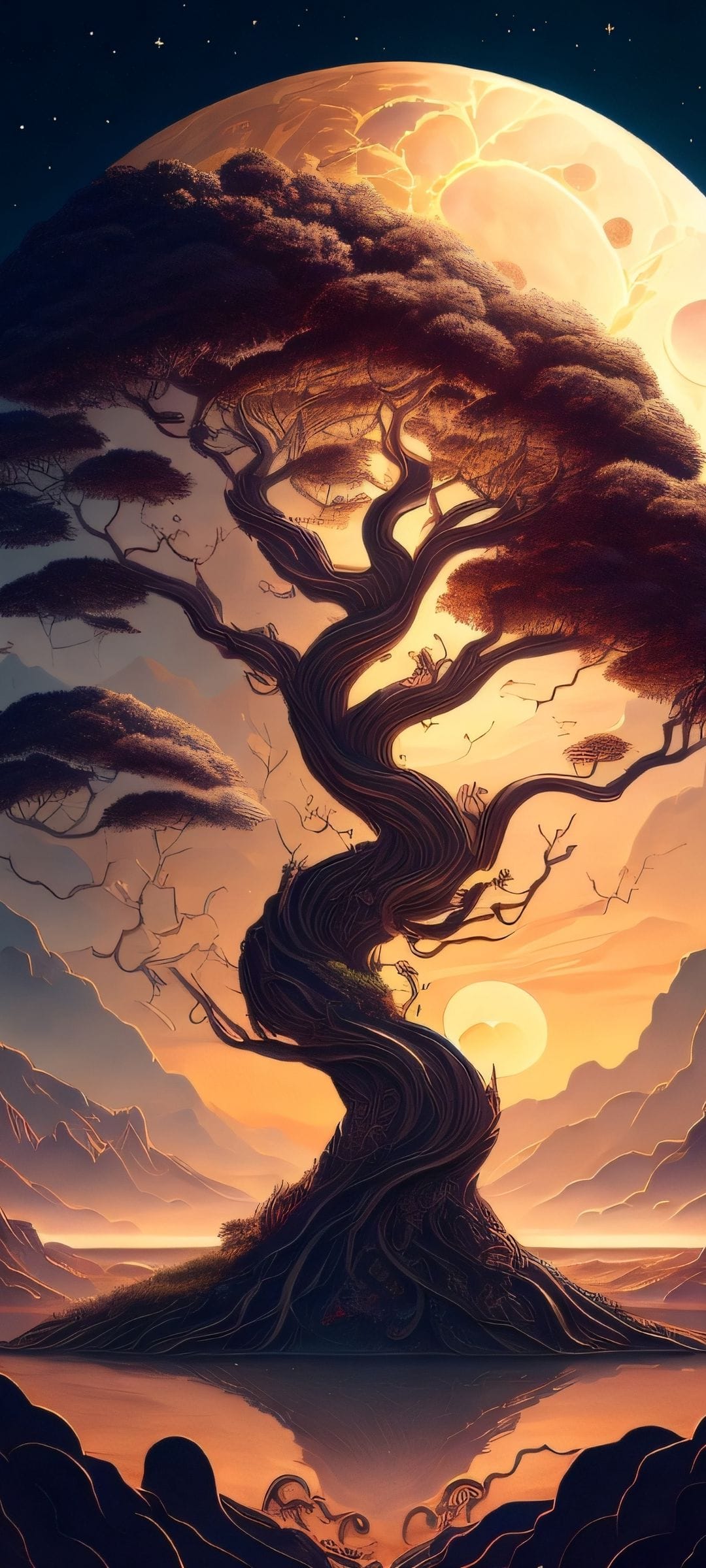 Gnarled tree reflects in a mirror-like lake beneath a massive glowing moon and a fiery sunset sky with mountains.