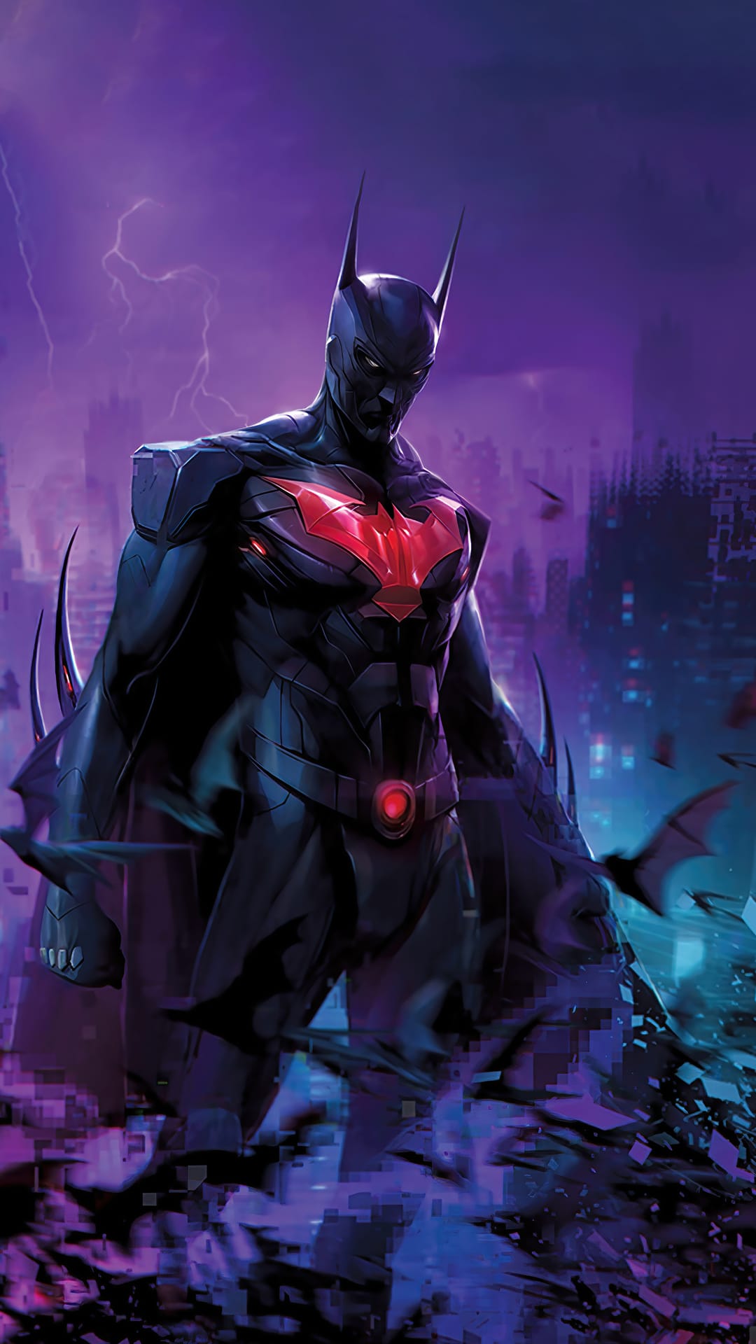 Terry McGinnis in a black Batsuit stands amidst a glitching neon city with lightning and small robotic drones.