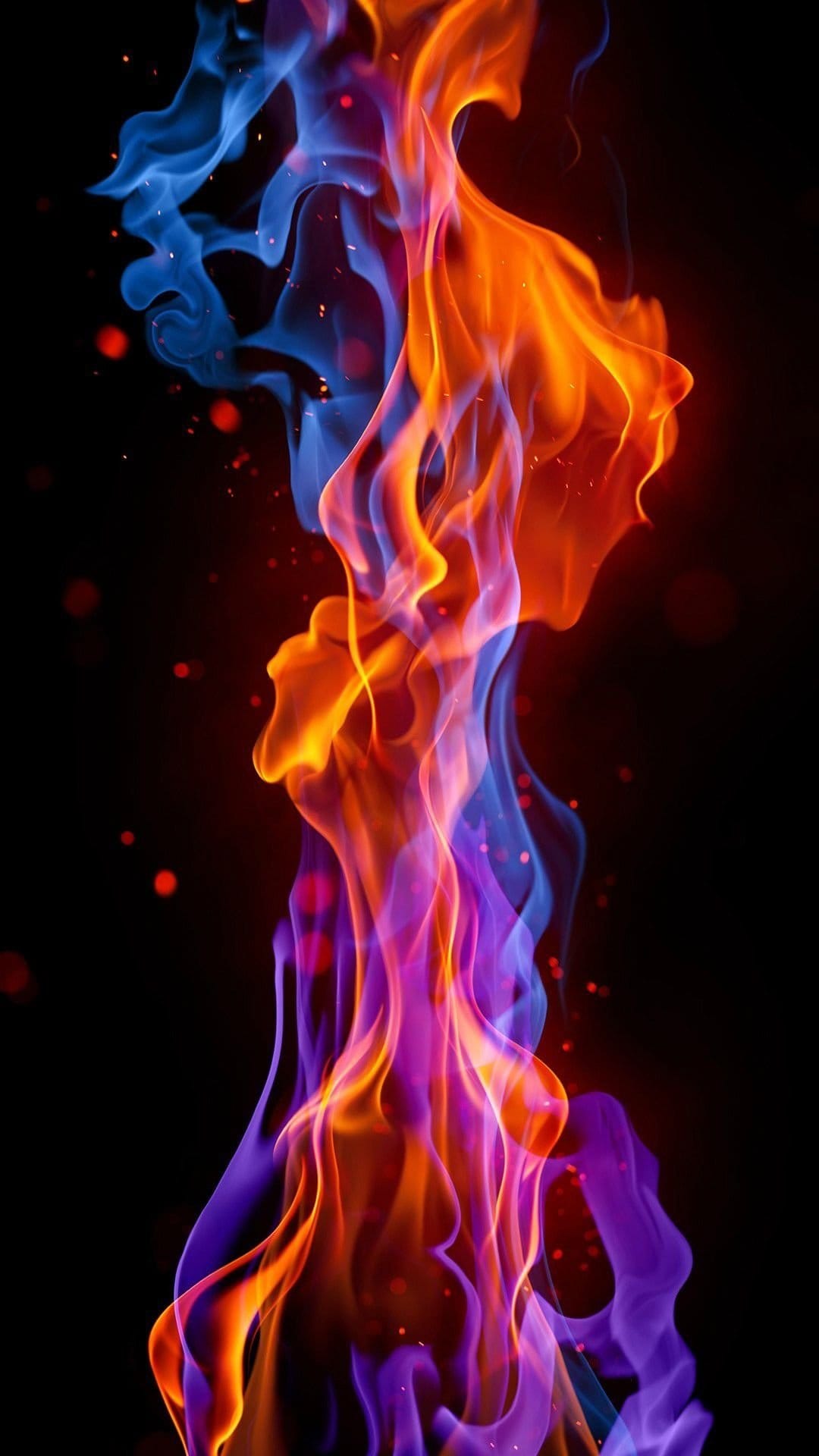 Luminous blue and orange flames spiraling with purple smoke and scattered golden sparks on a black background.