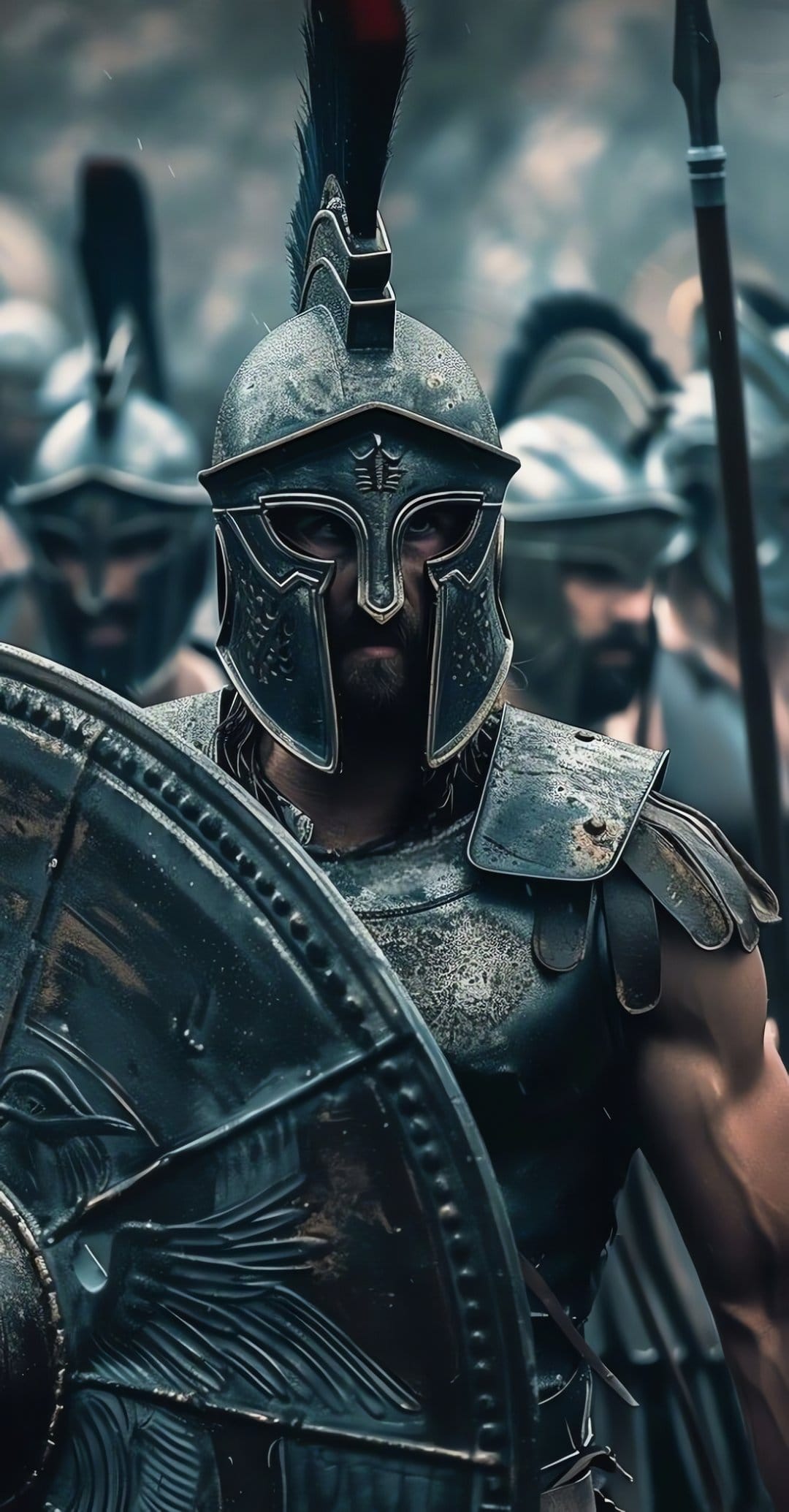 Spartan warrior in a Corinthian helmet holding a large eagle shield in a misty battlefield phalanx.