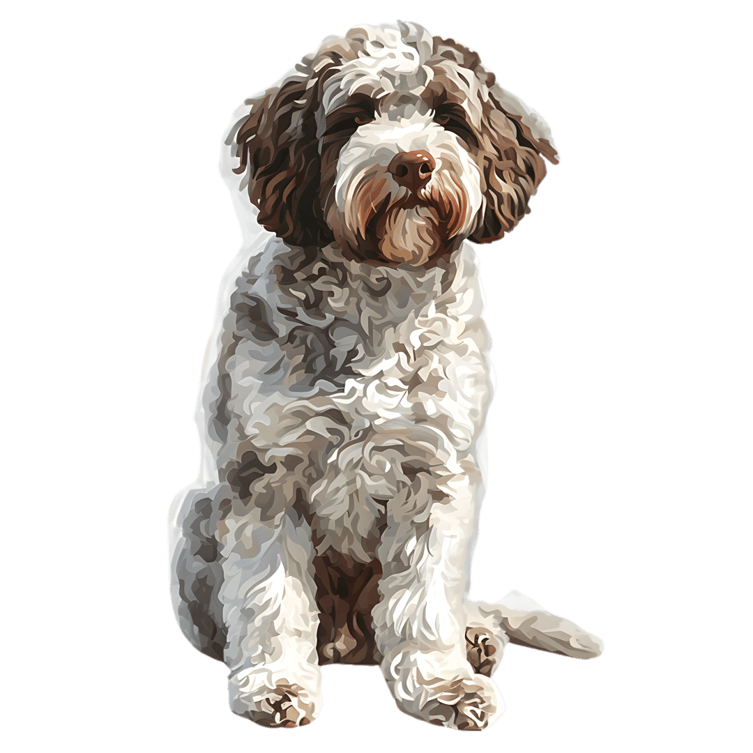 Lagotto Romagnolo dog with brown and white curly fur sits against a black background in this digital illustration.