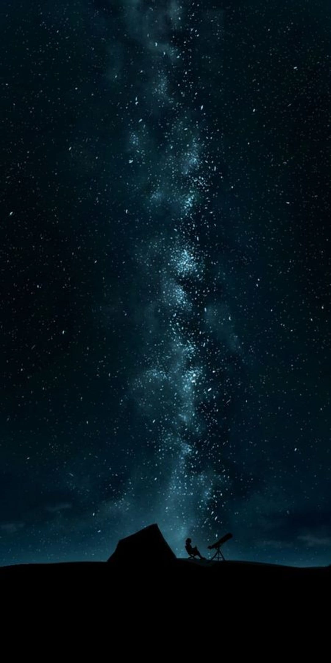 Person sitting by a telescope and glowing tent beneath the purple Milky Way galaxy in a dark starry night sky.