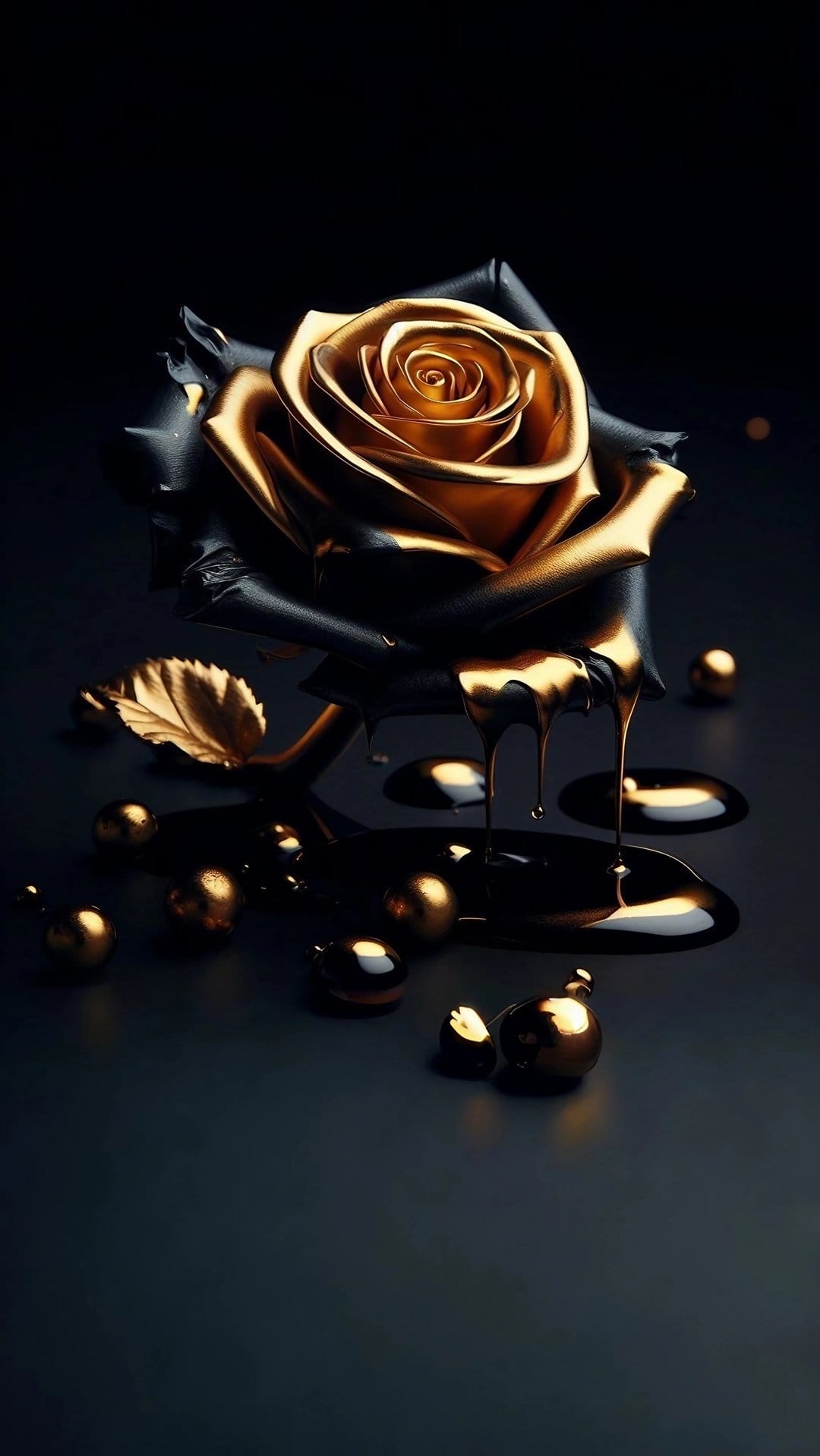 Black rose with gilded petals dripping liquid gold onto a dark reflective surface among floating spheres.