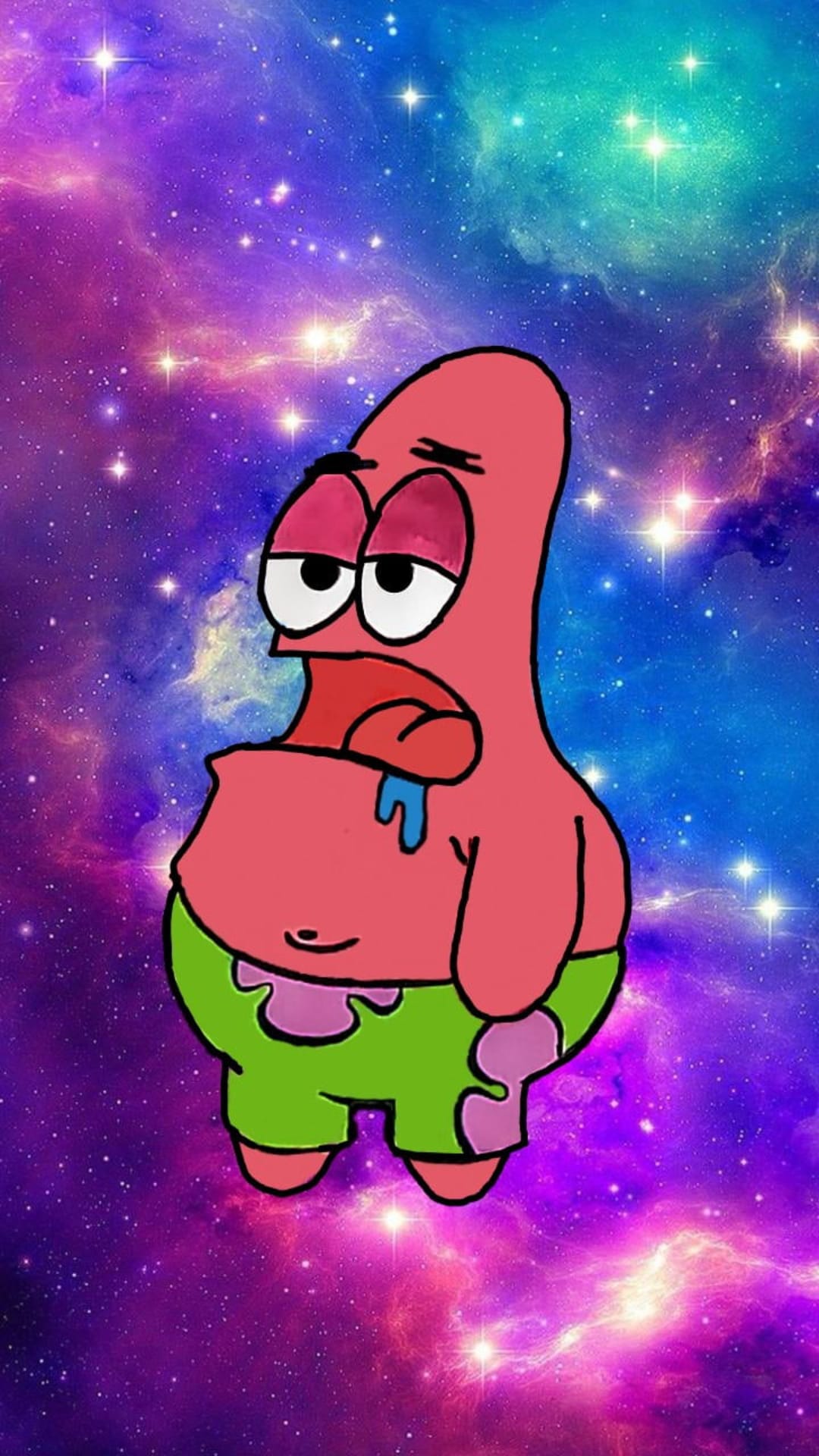 Patrick Star with half-closed eyes and a dripping tongue floats against a purple and blue cosmic galaxy.