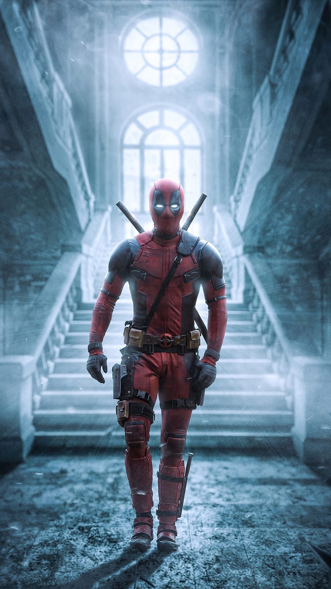 Deadpool walks down a fog-covered grand staircase with glowing white eyes and katanas strapped to his back.