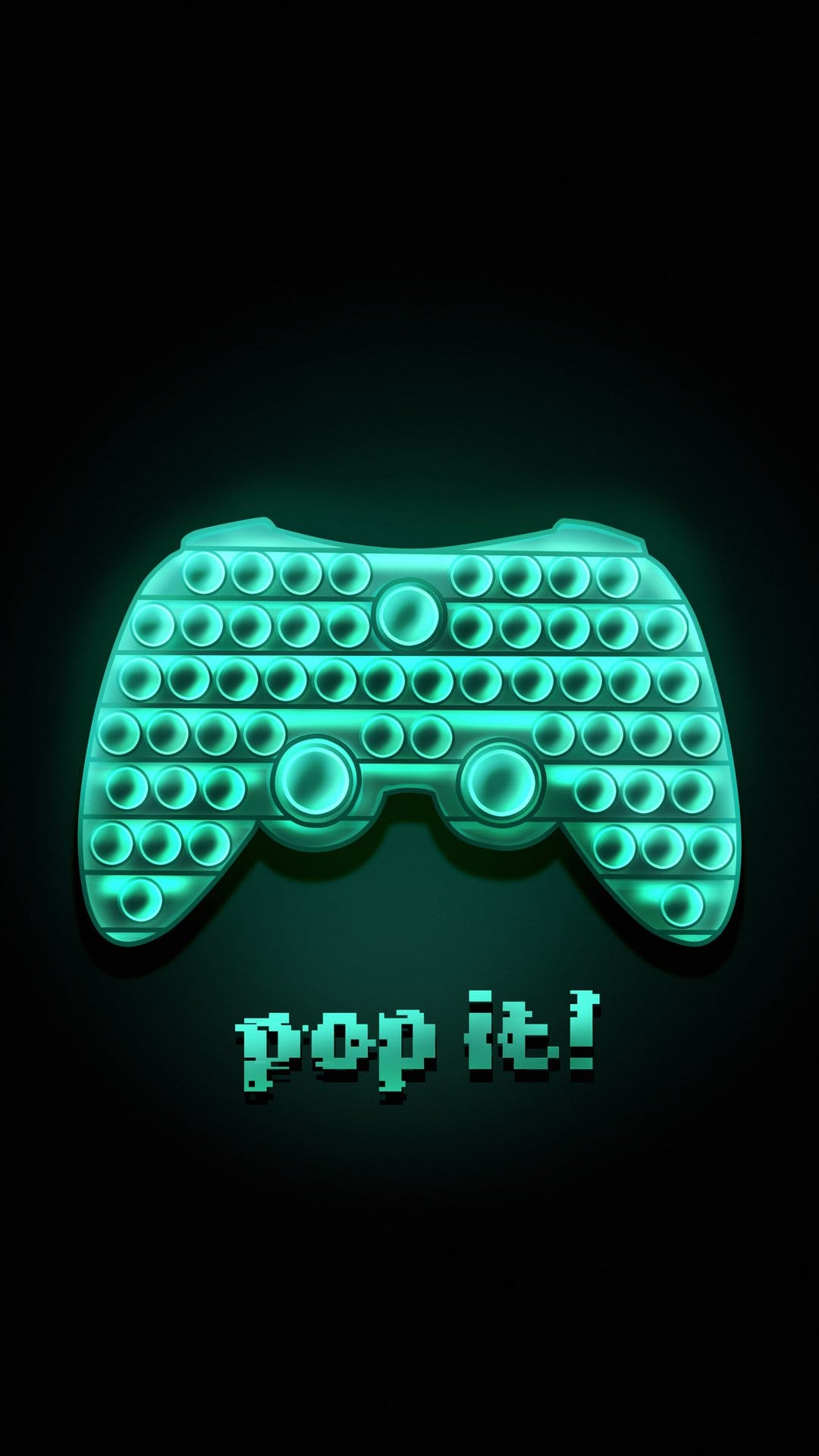 Neon green game controller fidget toy with circular pop bubbles glowing against a dark, shadowy background.