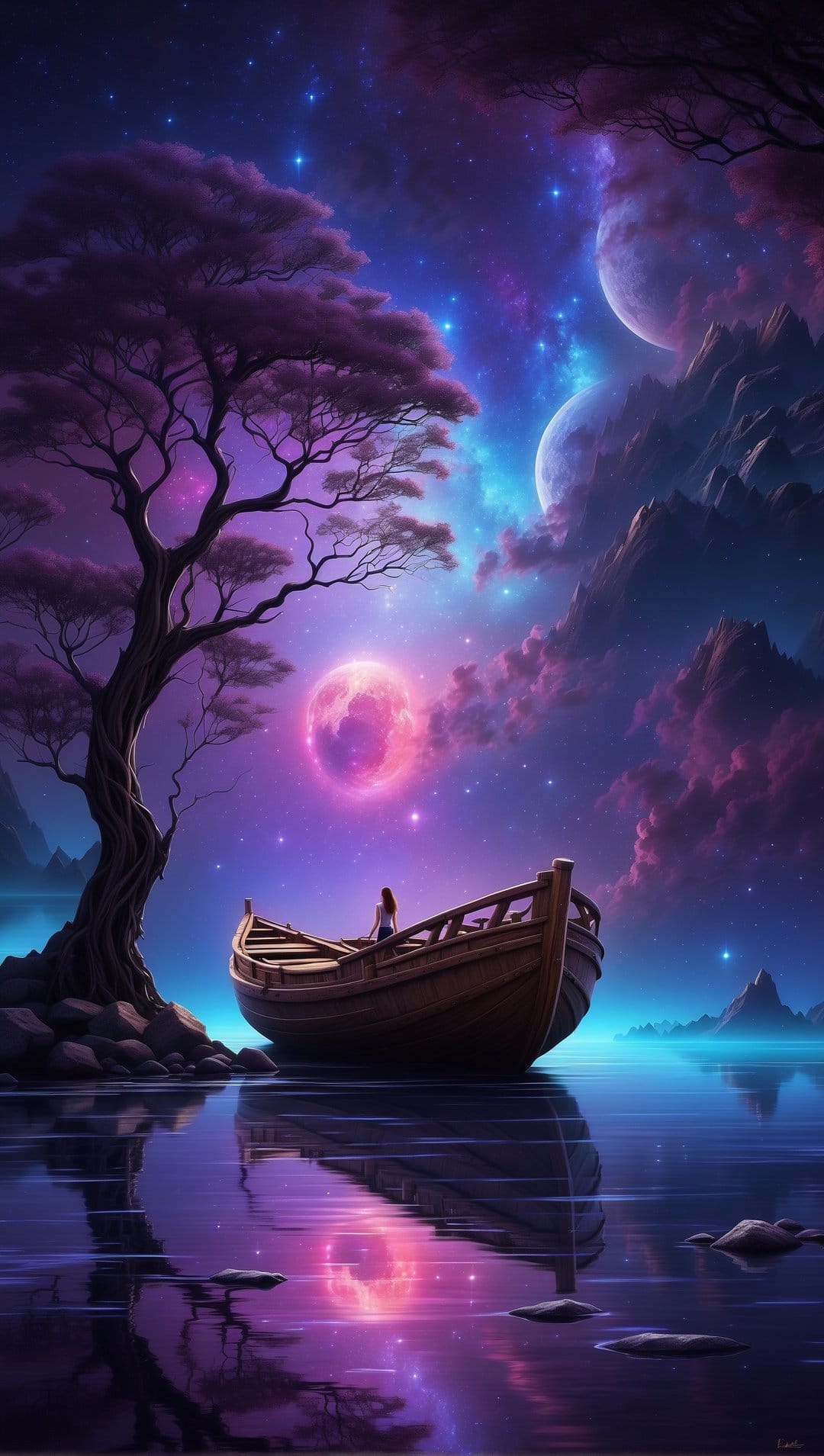 Small wooden boat drifts on glassy water beneath two moons and a swirling purple nebula in a starry night sky.