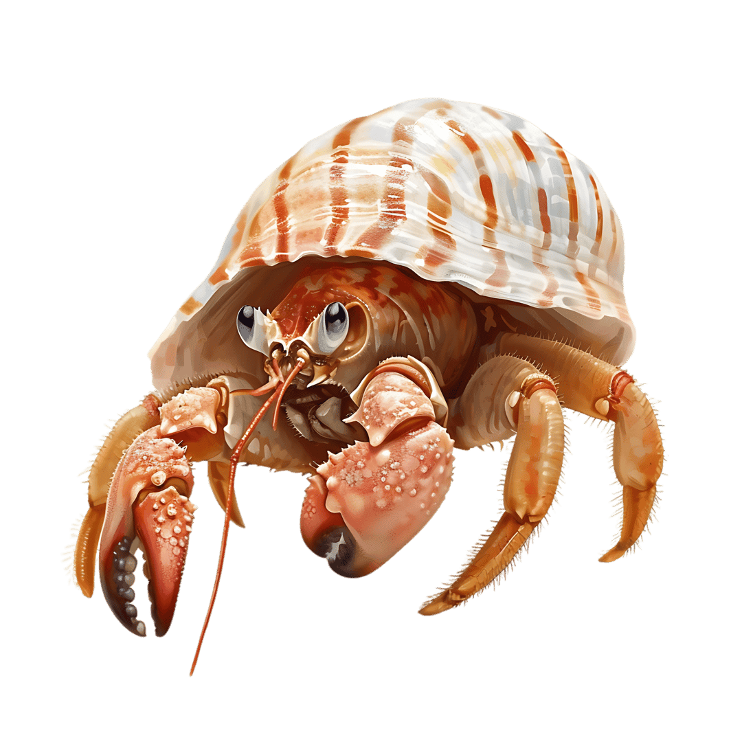 Hermit crab in striped shell emerges against a solid black background showing orange claws and macro textures.