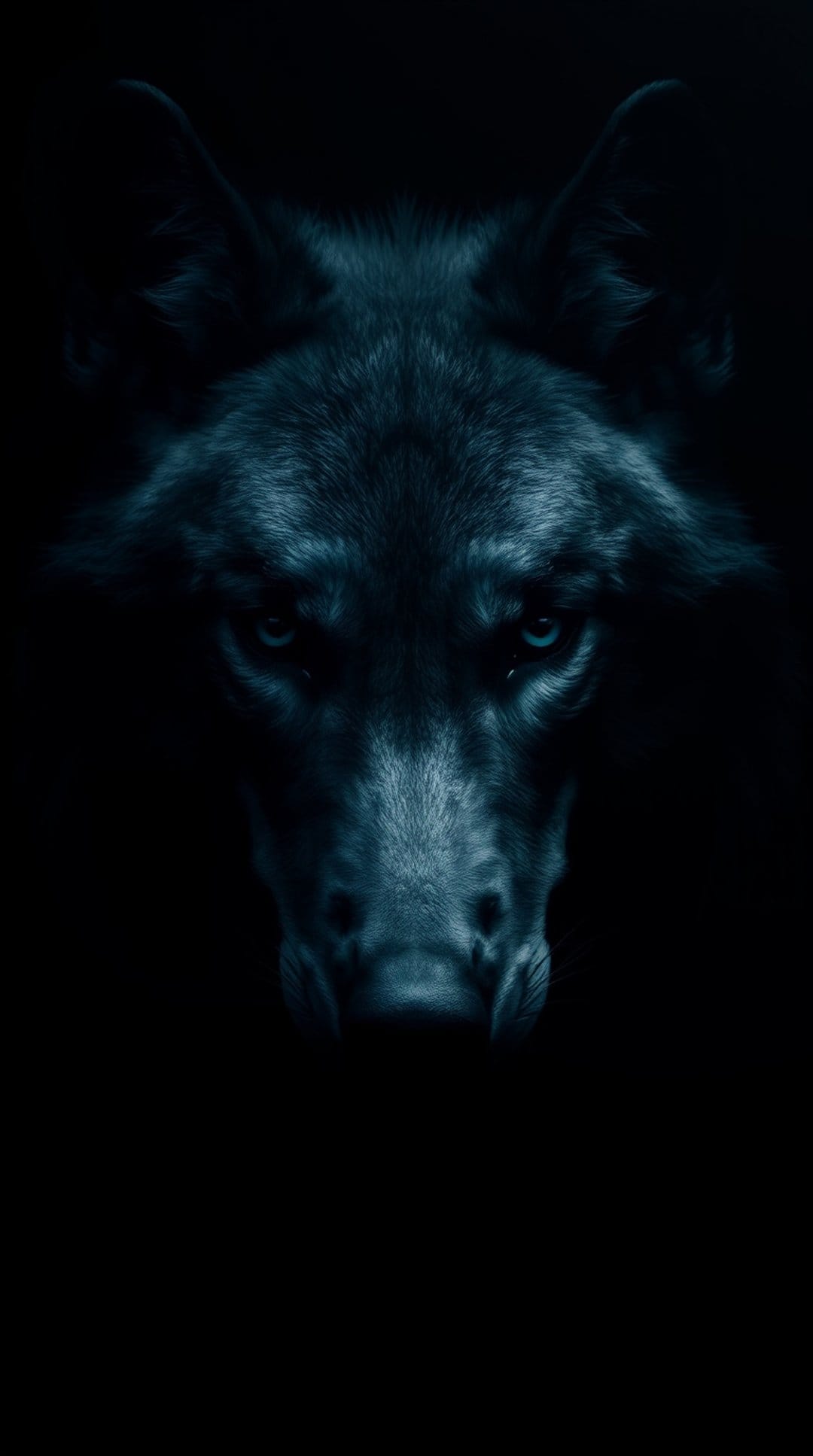 Wolf face with piercing blue eyes and detailed fur emerges from a pitch-black background in cool blue lighting.