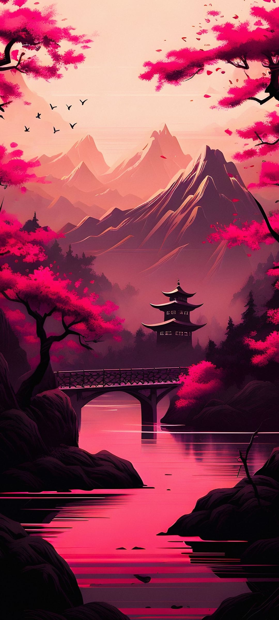 Pink cherry blossoms overhanging a river bridge with a distant pagoda and misty mountains in the background.