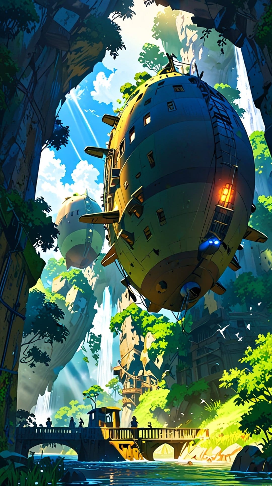 Massive metallic airships hover near a cascading waterfall inside a deep green canyon with a stone bridge below.