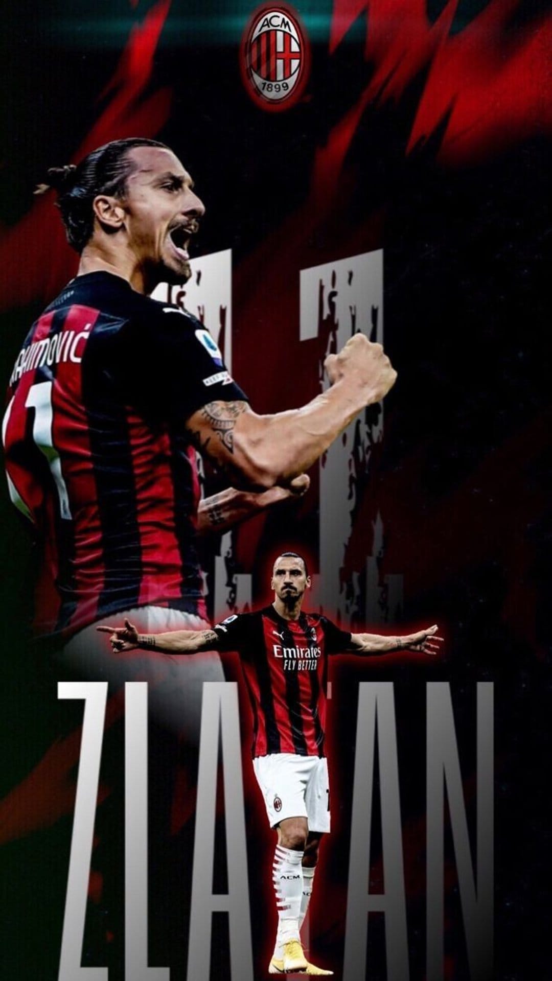 Zlatan Ibrahimovic wearing an AC Milan jersey screams in triumph and stands with arms wide in a vertical layout.
