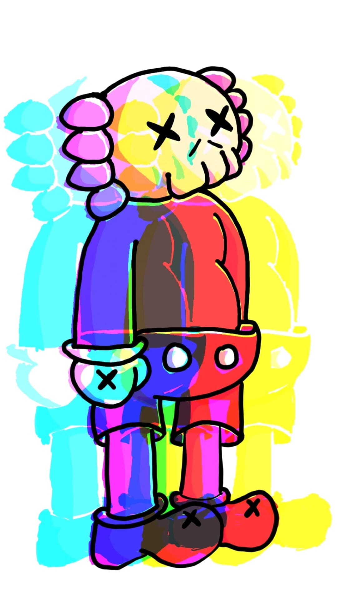 Cartoon character with yellow X eyes against a glitchy background of overlapping purple and red geometric shapes.