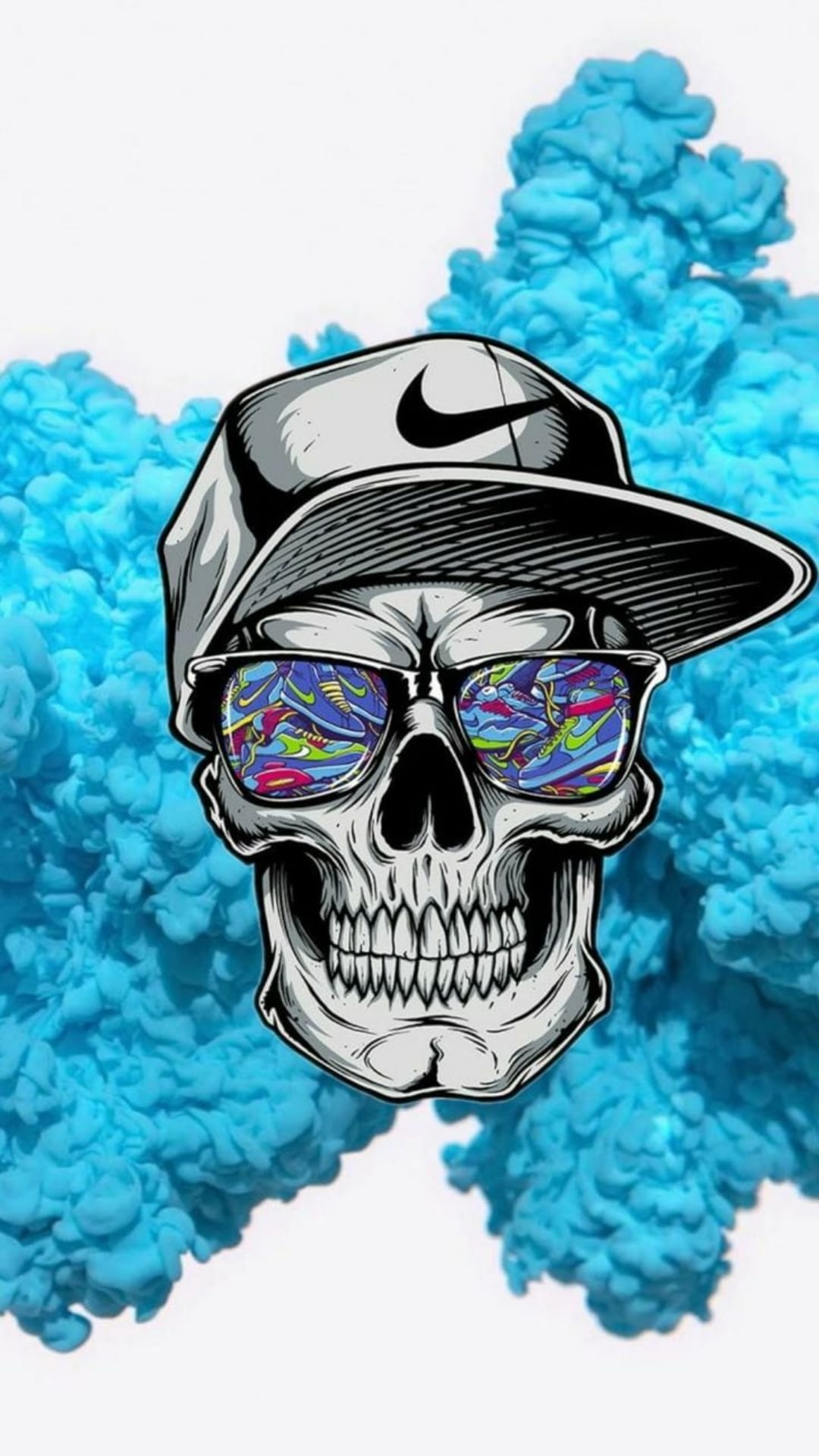 Human skull wearing a black cap and sunglasses reflecting sneakers, surrounded by abstract blue smoke.