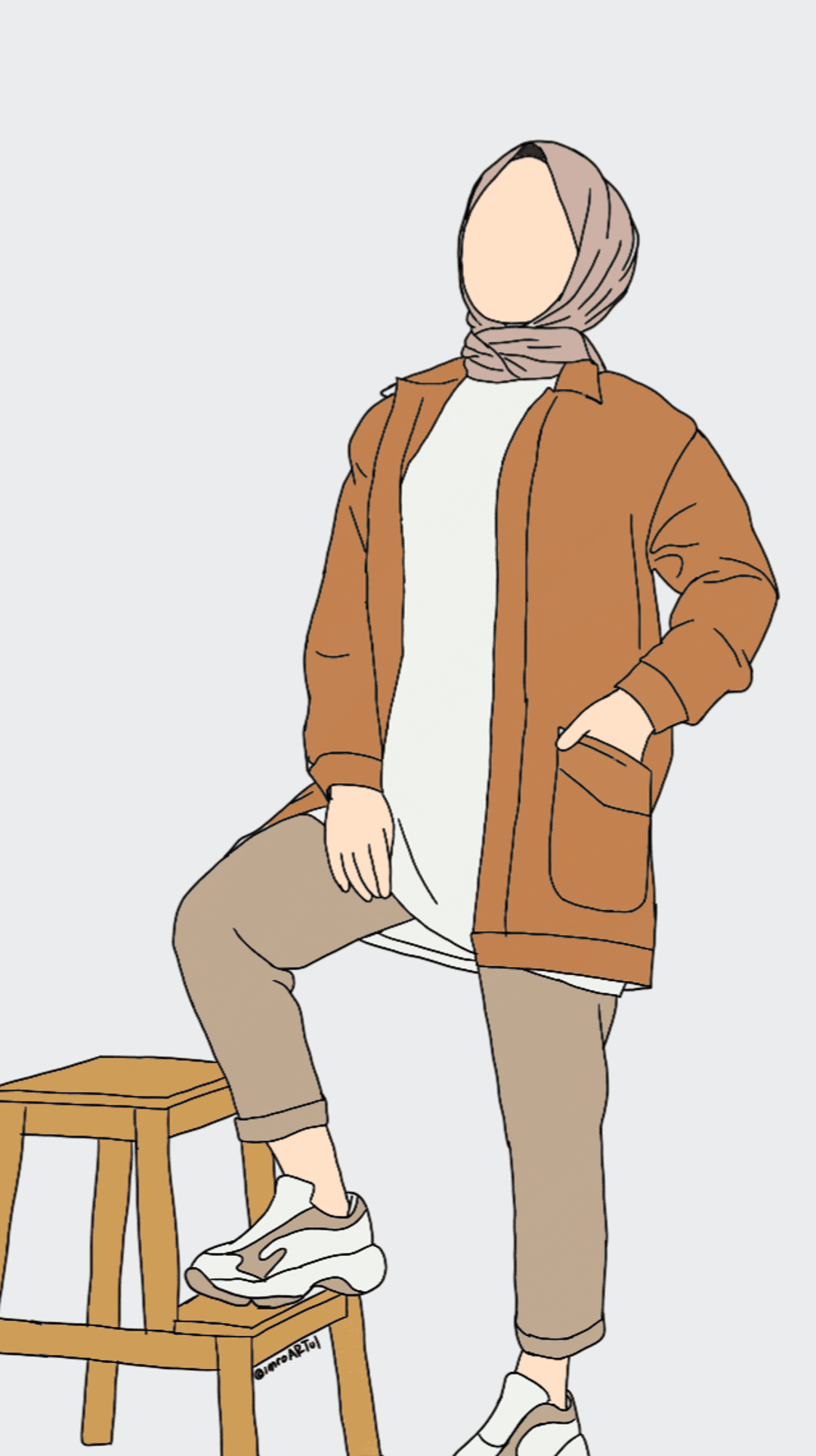 Woman in a hijab and brown jacket rests her foot on a wooden stool while wearing chunky white sneakers.