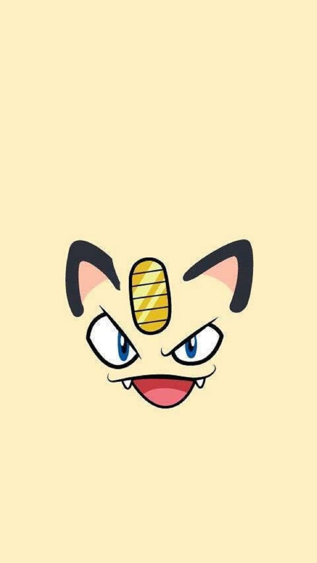 Meowth with blue eyes, sharp fangs, and a gold forehead coin centered on a solid light yellow background.