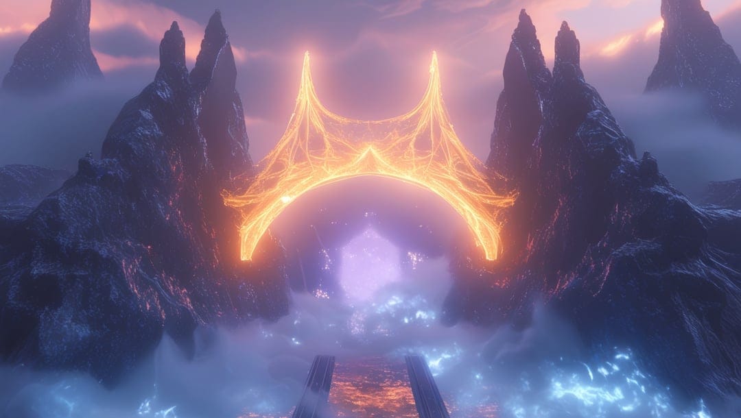 Glowing circular portal framed by sharp mountains with orange and purple light reflecting on swirling blue water.