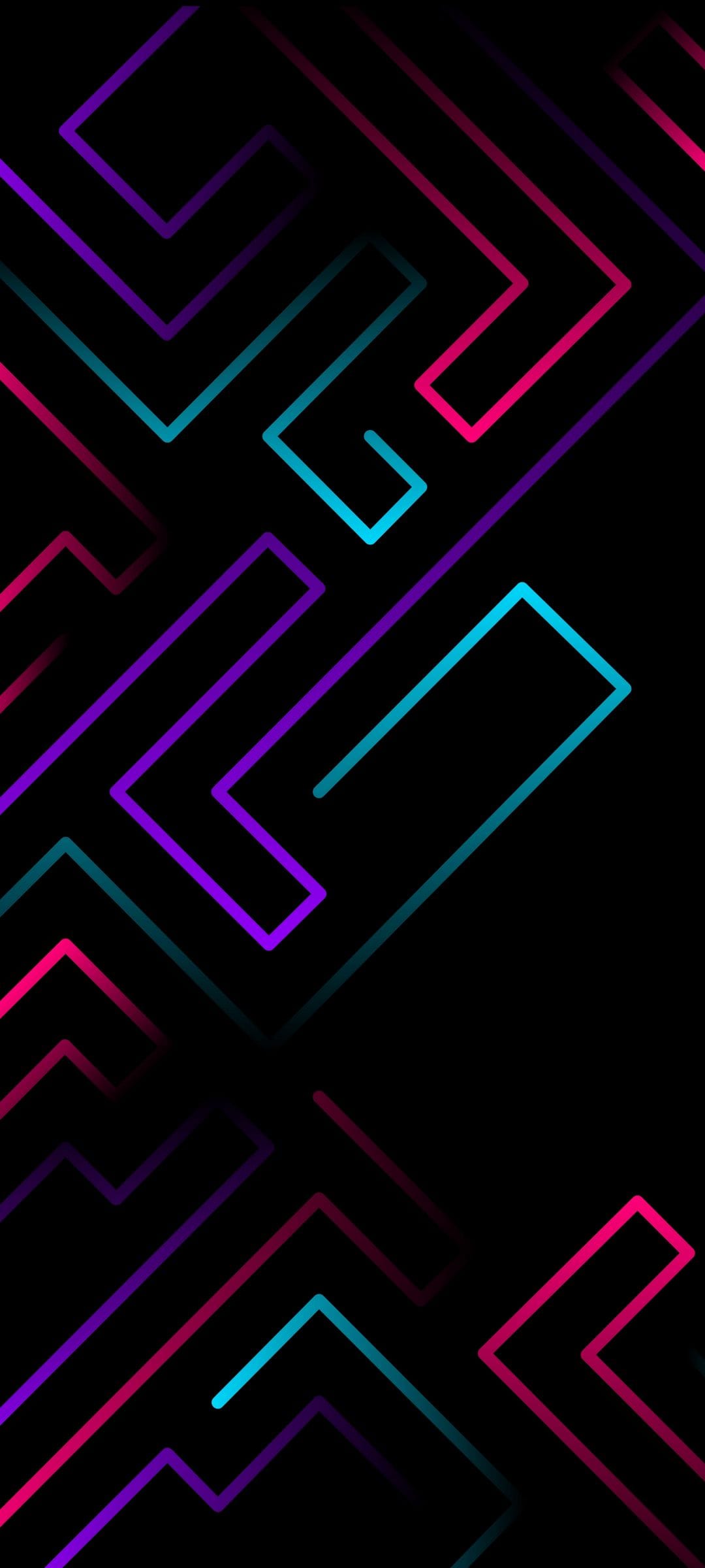 Intersecting neon pink and cyan lines forming a complex geometric labyrinth against a dark black background.