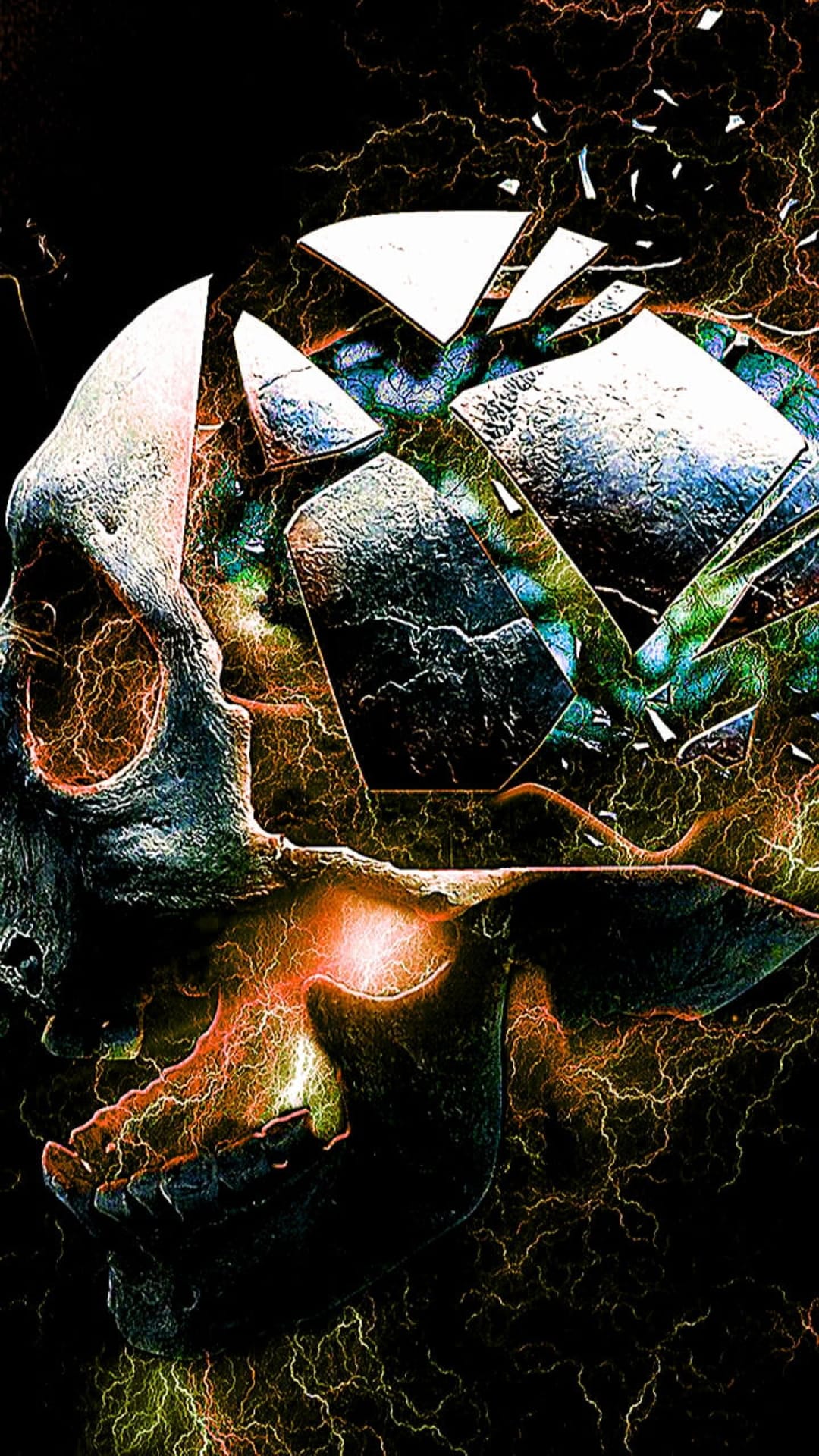 Human skull bursting into crystalline shards with radiant orange lightning bolts across a pitch black background.