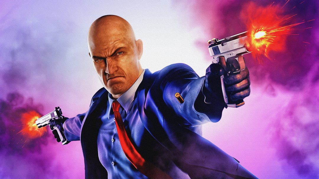 Agent 47 dual wielding pistols with bright muzzle flashes against a swirling purple and pink smoke backdrop.