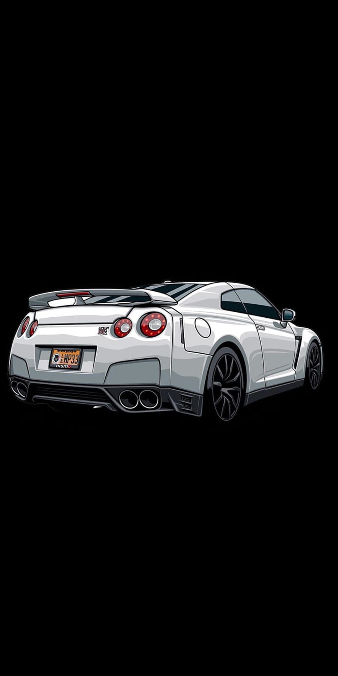 Nissan GT-R rear view featuring circular red taillights, white bodywork, and quad exhausts on a black background.