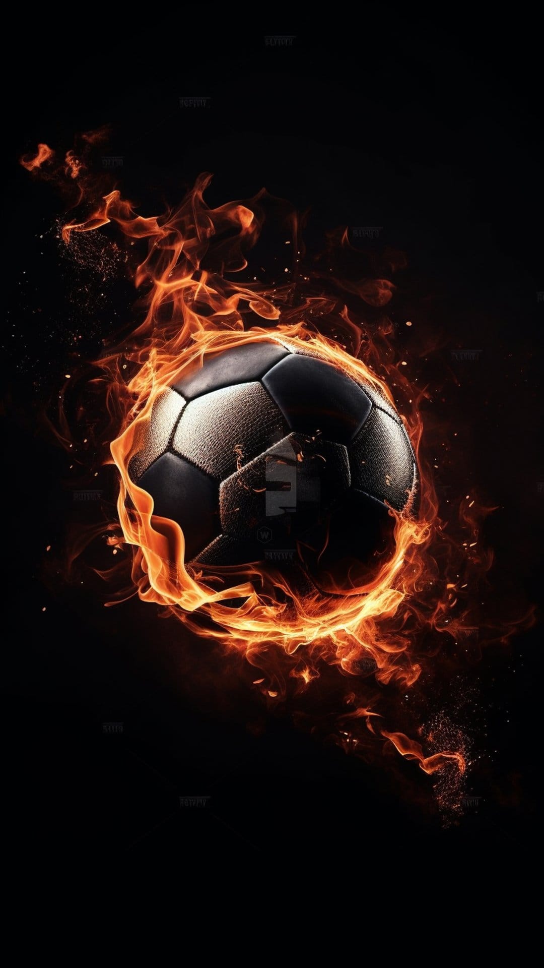 Soccer ball engulfed in bright orange flames and glowing embers against a pitch-black vertical background.