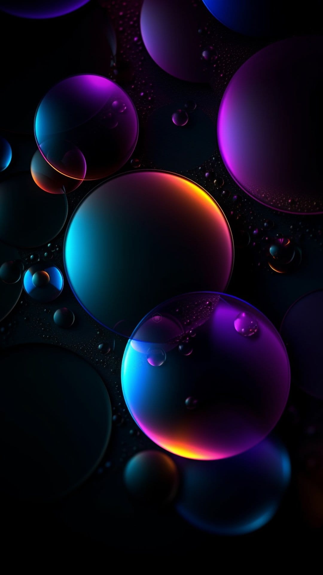 Glowing iridescent bubbles in blue, purple, and orange hues float against a black background with water droplets.