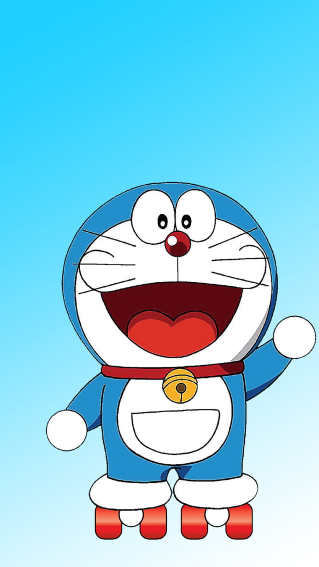 Doraemon wearing red roller skates and a golden bell collar stands happily against a blue gradient background.