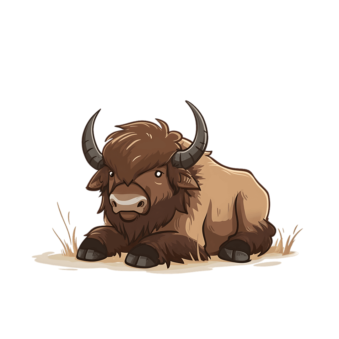 Bison cartoon character lying down on golden grass with curved horns and thick brown fur against black background.