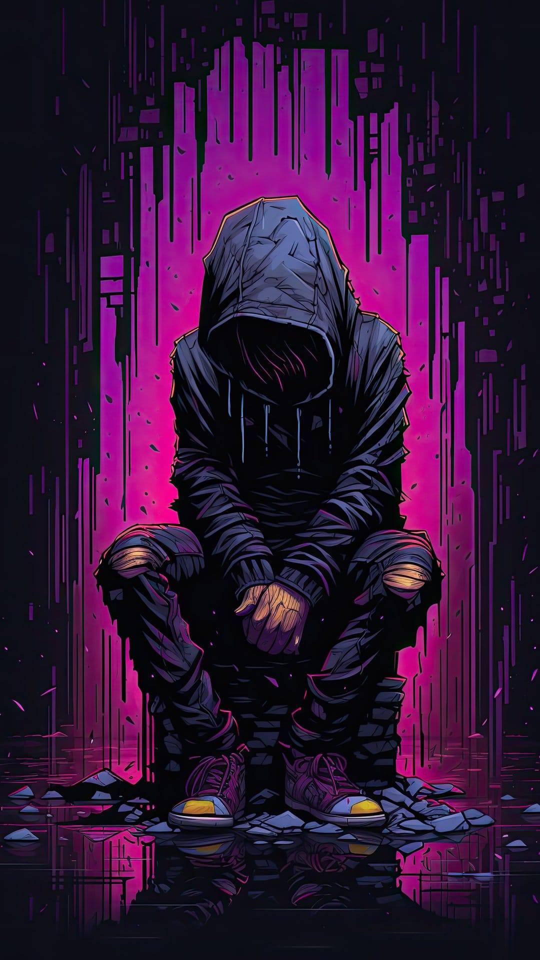 Hooded figure in ripped jeans and sneakers sitting before a glowing purple and pink neon glitch city background.