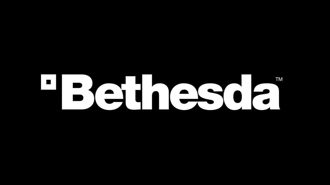 White Bethesda text logo with a square icon centered on a flat black background for a minimalist look.