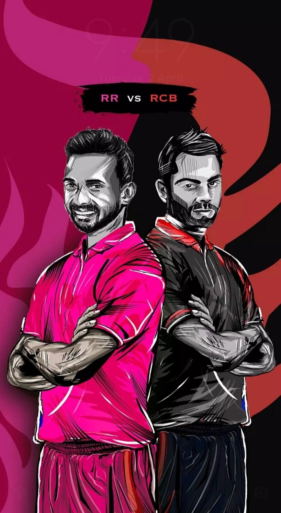 Two cricketers in pink and red jerseys stand back-to-back with crossed arms against an abstract background.