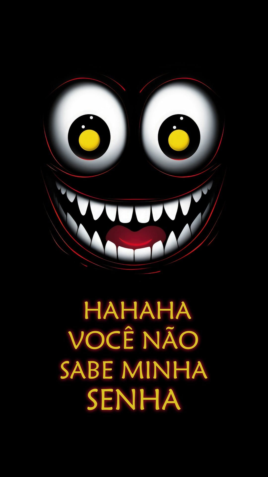 Scary monster face with bulging eyes and sharp teeth looms over orange text on a dark mobile background.