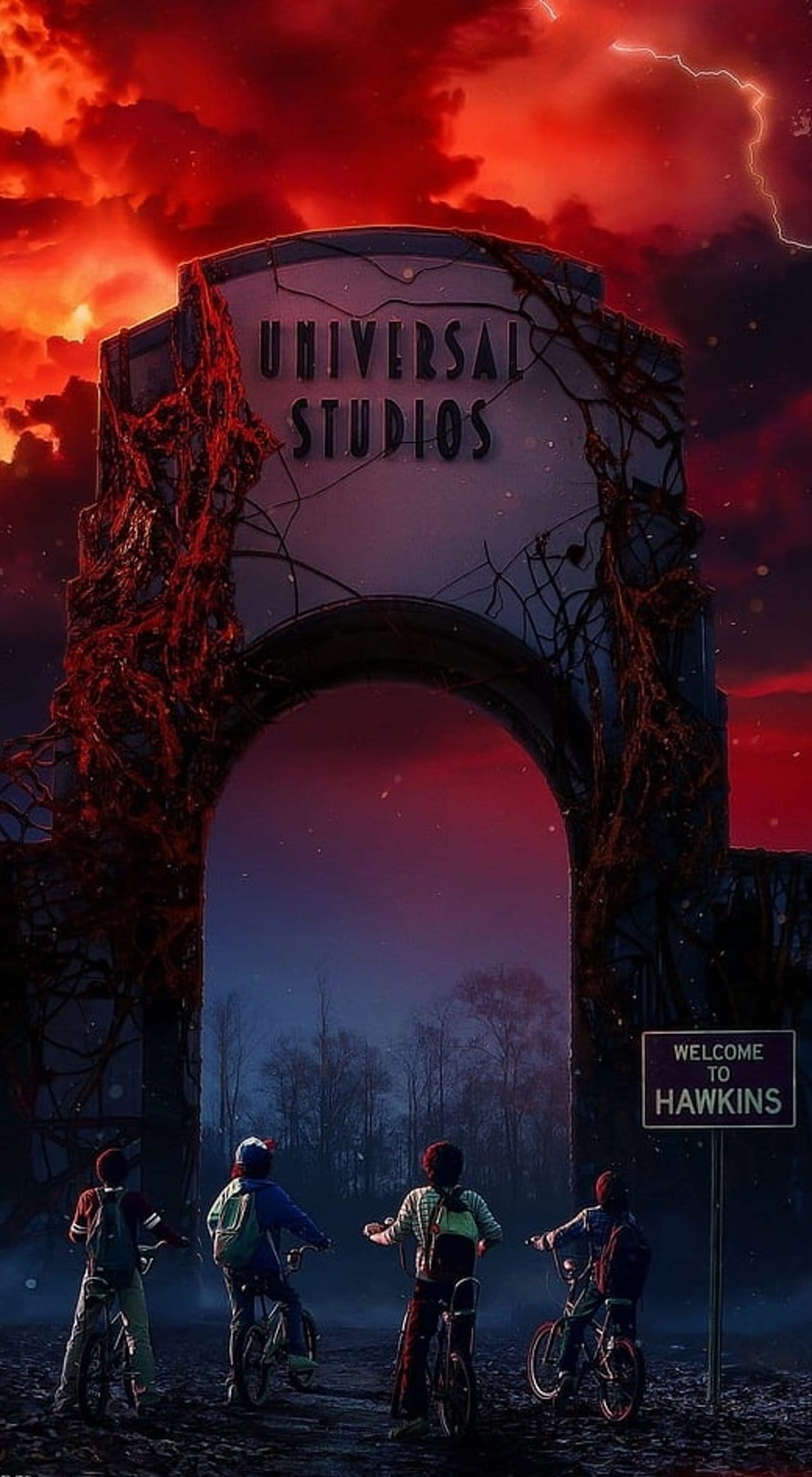 Four boys on bicycles arrive at a vine-choked archway under a stormy red sky with glowing crimson lightning.