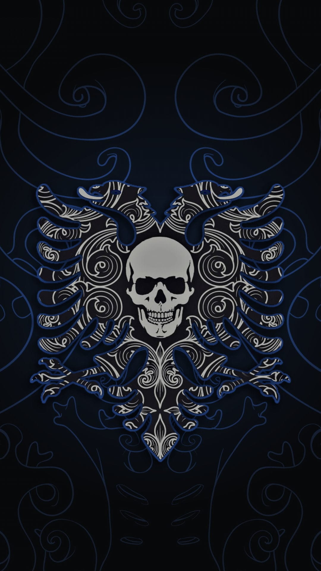 Albanian eagle silhouette containing a human skull and white floral patterns against a dark navy background.