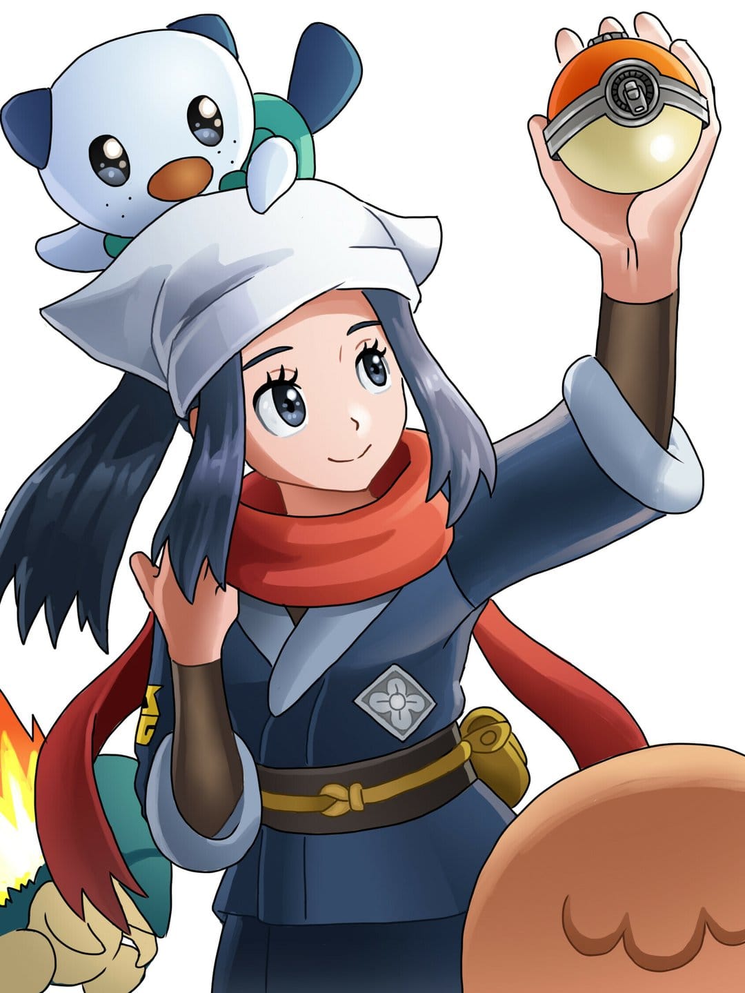 Akari in a blue Survey Corps uniform holding a Hisuian Poké Ball with an Oshawott sitting on her white headpiece.