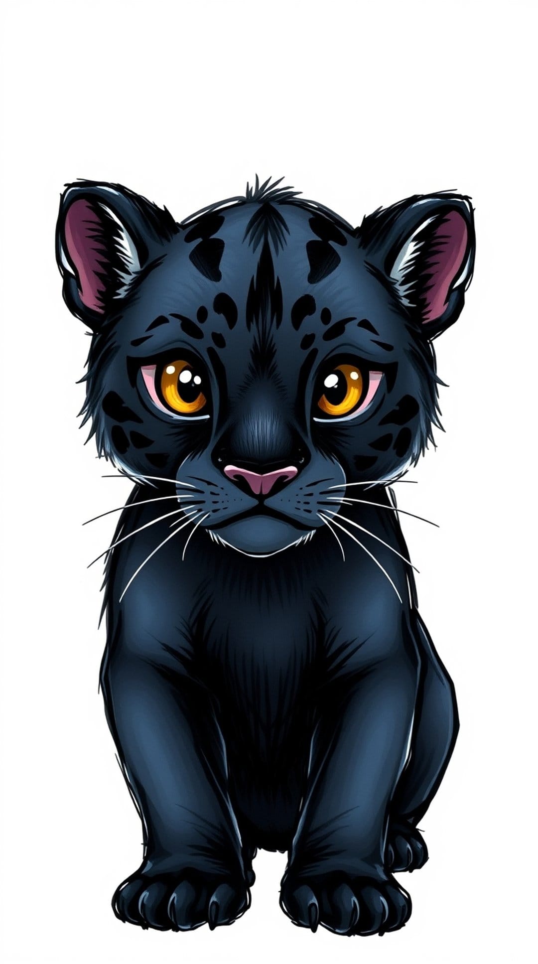 Black panther cub with large amber eyes, a pink nose, and faint spots sitting against a dark background.