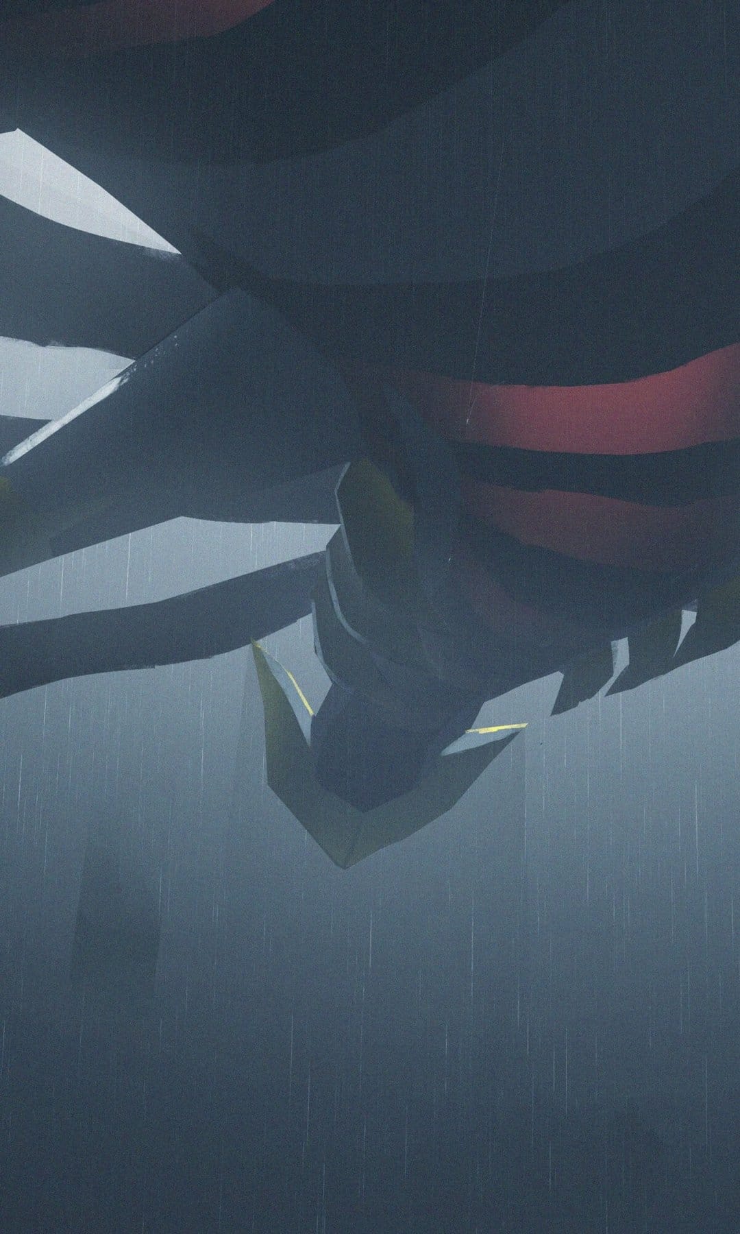Giratina Origin Forme looming in a dark rainy sky with prominent red stripes and golden facial armor highlights.