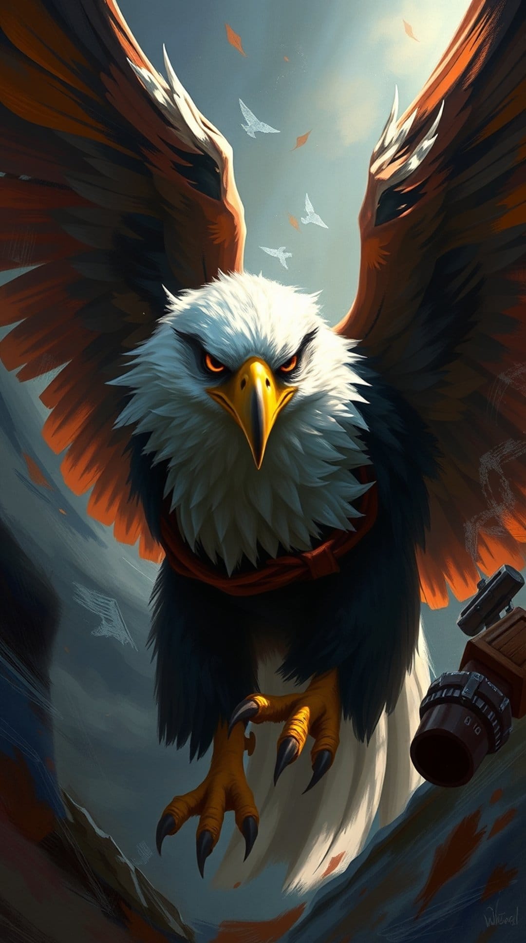 Eagle warrior with glowing red eyes, fiery orange wings, and extended talons soaring in a leaf-filled sky.