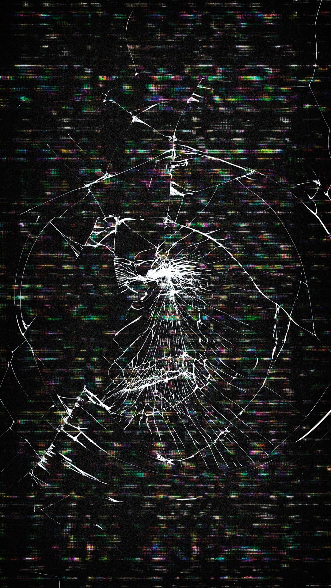 Spiderweb cracks on a black screen with horizontal bands of colorful digital noise and pixelated glitch textures.