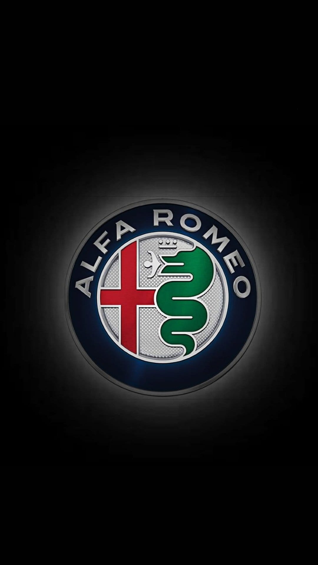 Alfa Romeo badge with a red cross and green serpent featuring polished silver chrome on a matte black background.