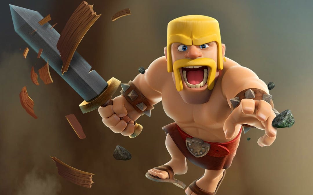 Barbarian warrior shouting and charging with a sword through flying wood debris on a dark background.