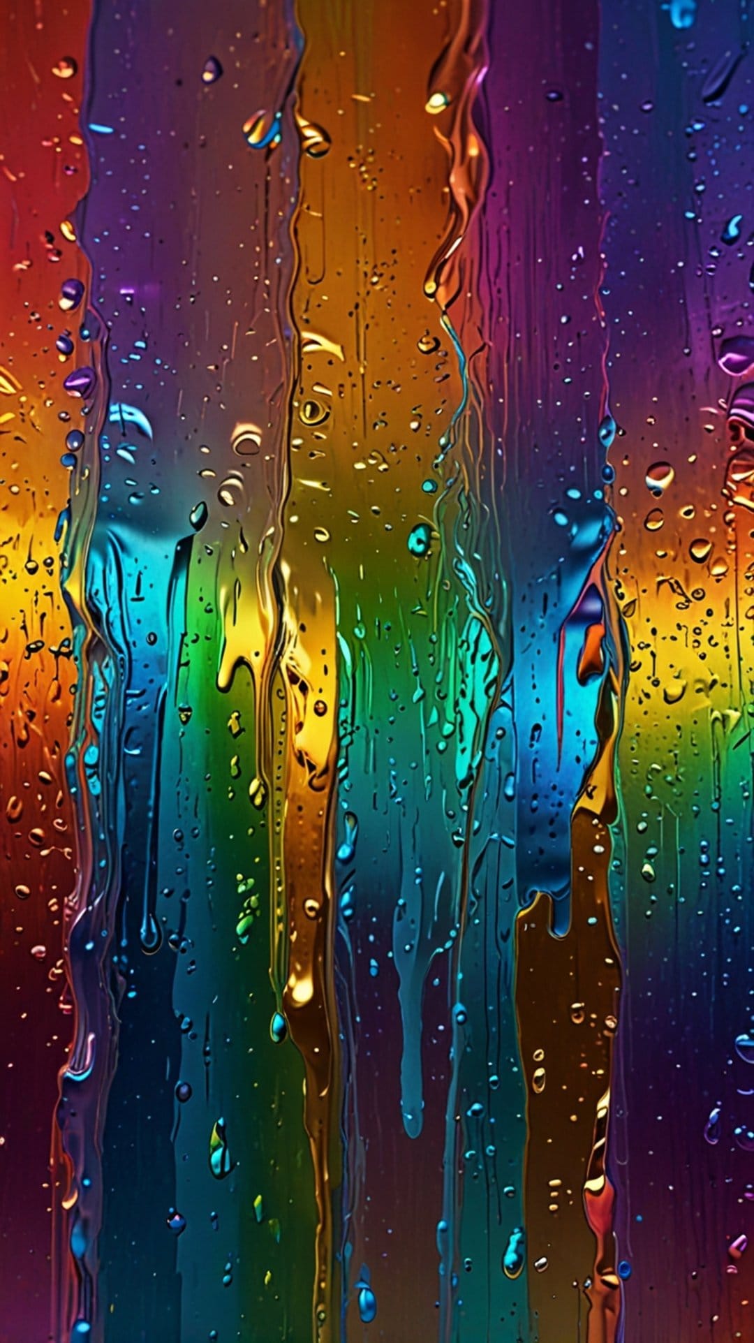 Prismatic water droplets and liquid streaks flow down a vertical surface in a vibrant spectrum of rainbow colors.