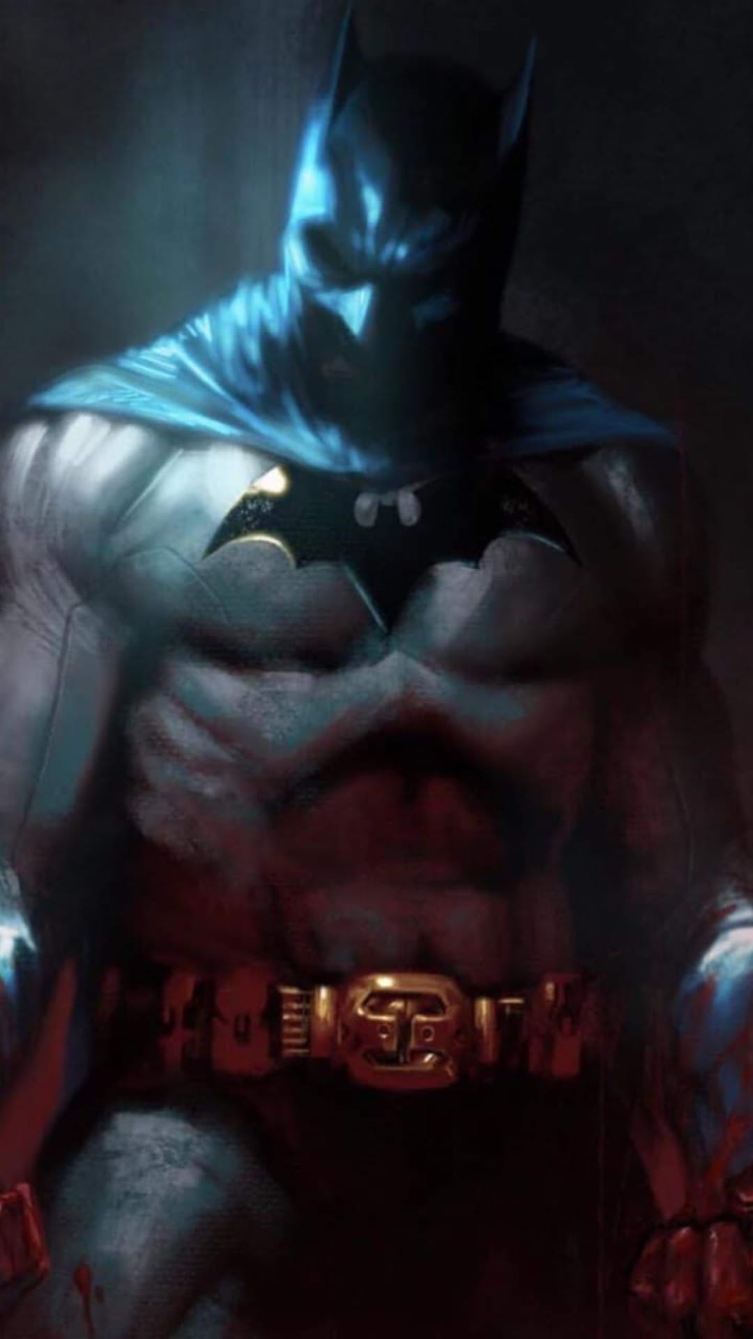 Batman wearing a dark cowl with blue light on his cape and a gold belt against a textured black background.