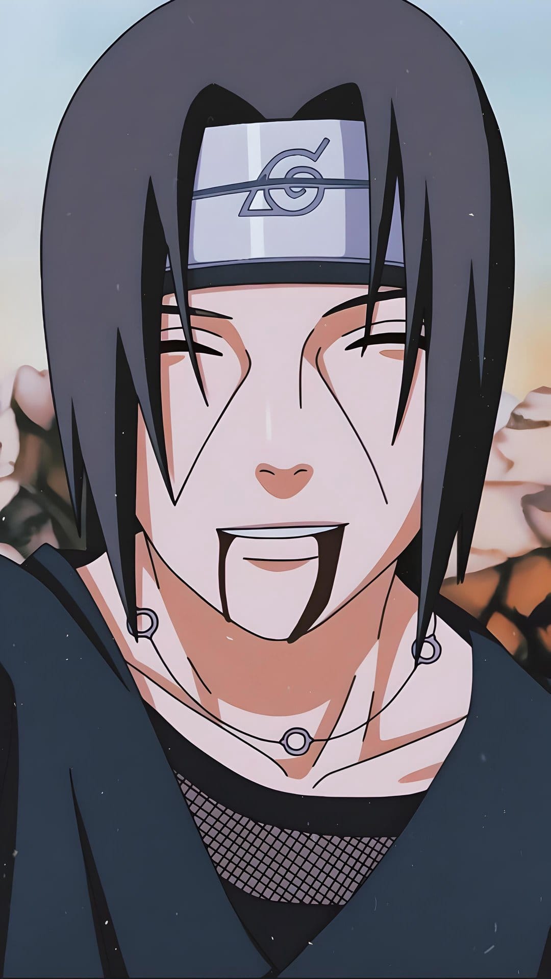Itachi Uchiha wears a scratched leaf village headband with his signature facial lines and a stoic expression.