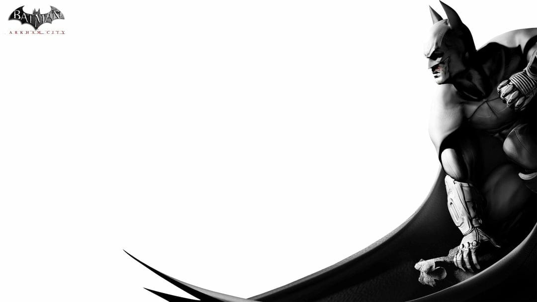 Batman in a crouched pose with a high-contrast black and white finish against a minimalist white background.