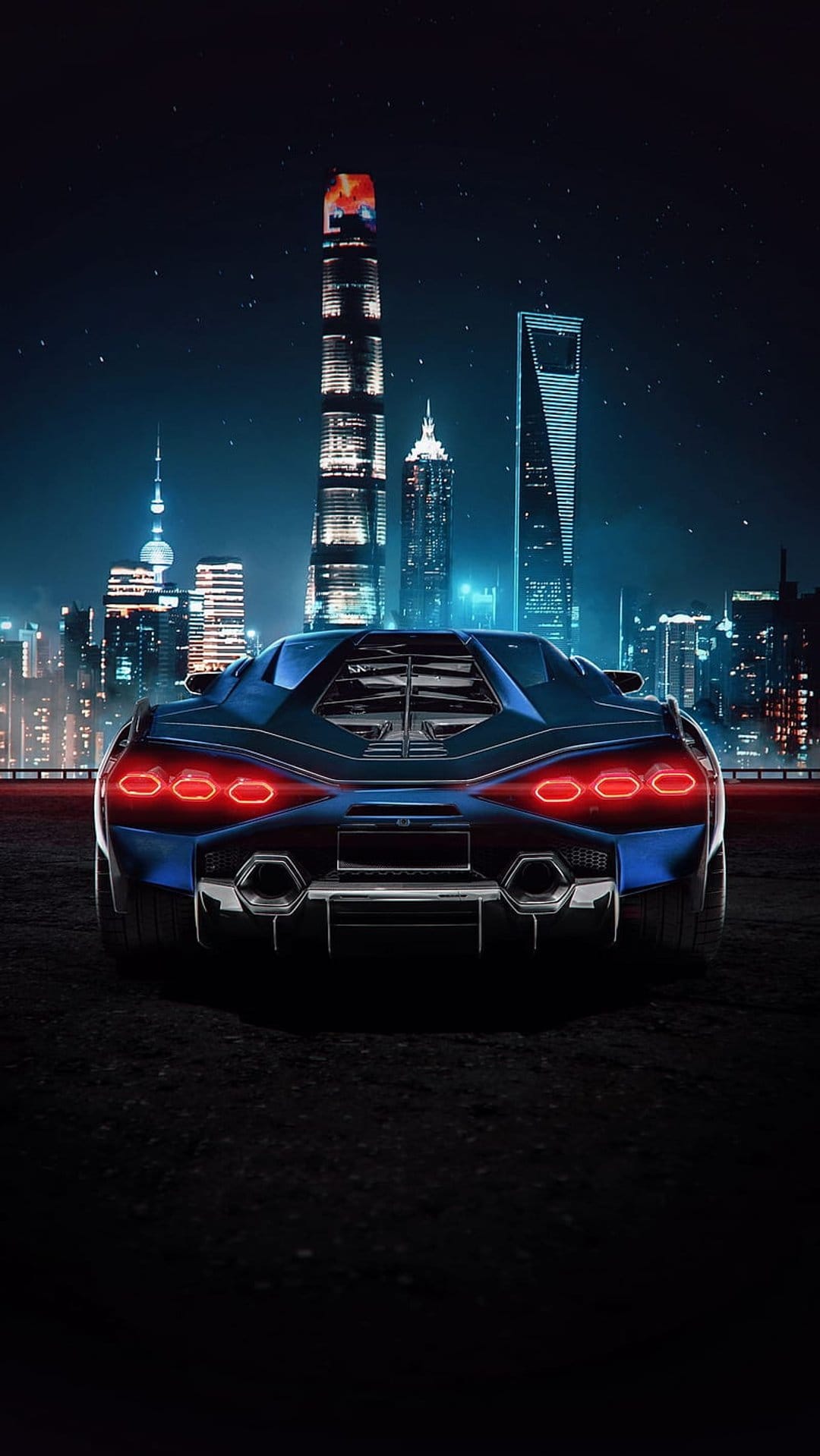 Blue Lamborghini supercar rear view with glowing red taillights parked against a nighttime urban city skyline.